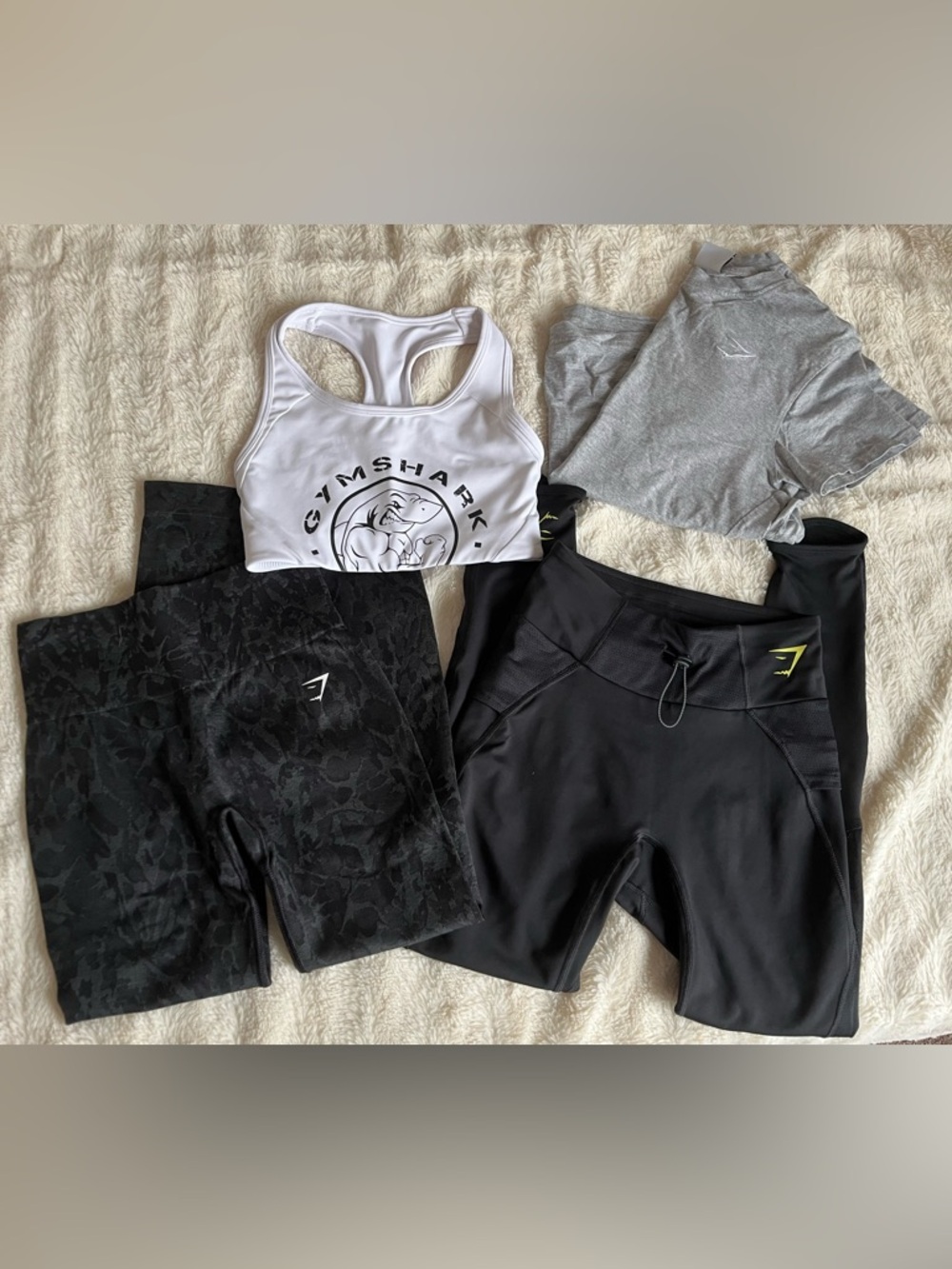 Gymshark White Sports Bra, Gray Cropped Tee & Black Leggings Bundle